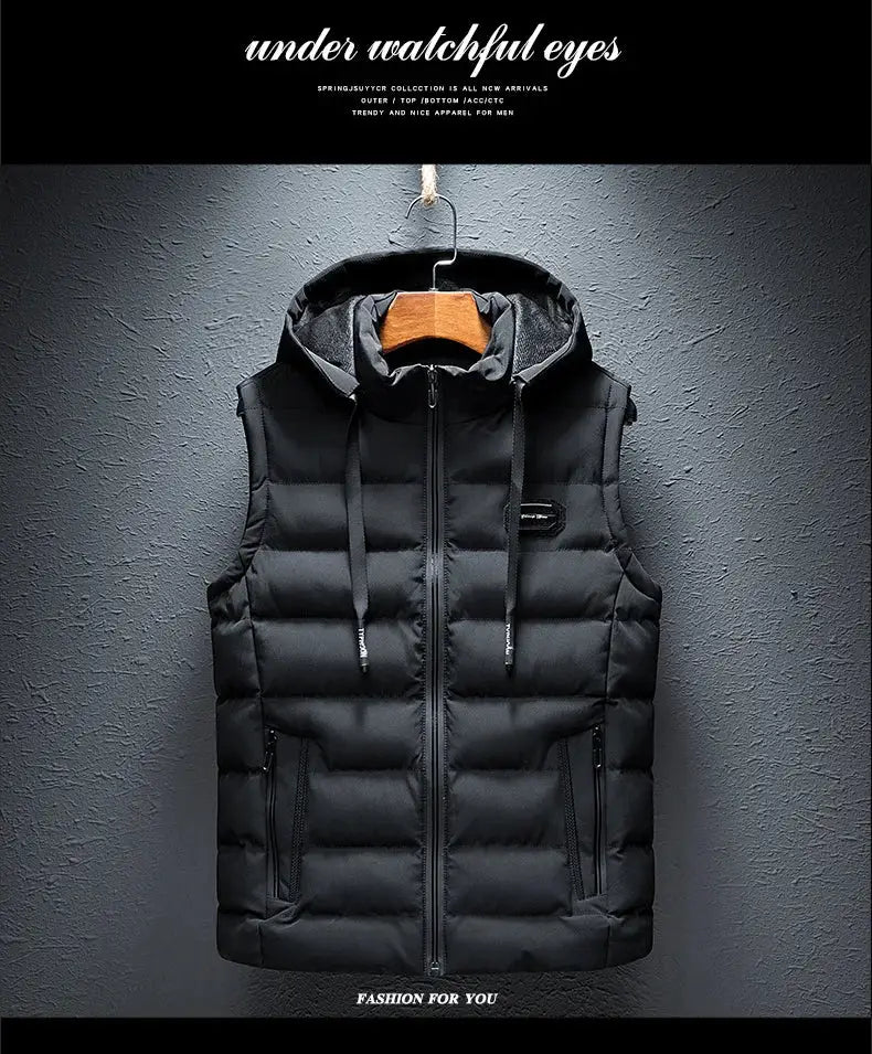 Men's black hooded puffer vest with quilted panels, sleeveless front zipper and side pockets.