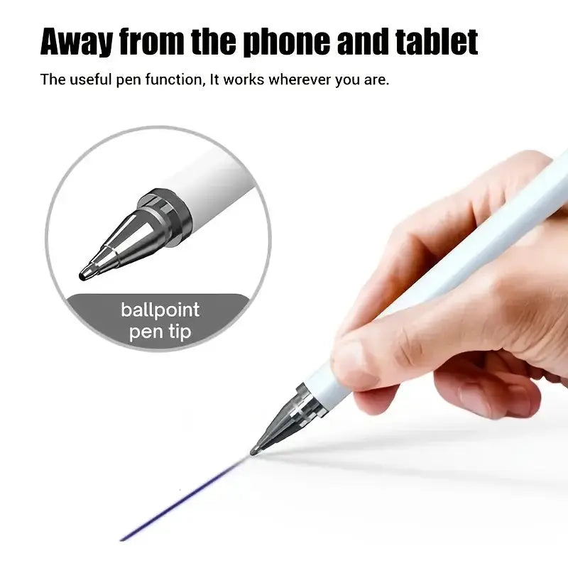 White universal stylus pen for touch screens; ballpoint pen tip shown, compatible with Android and iPhone devices.