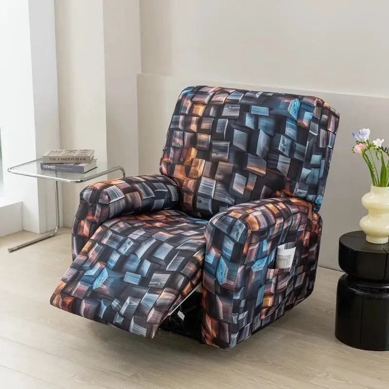 Stretch recliner chair cover in multicolor geometric squares; blue and brown tones, for kids and pets.