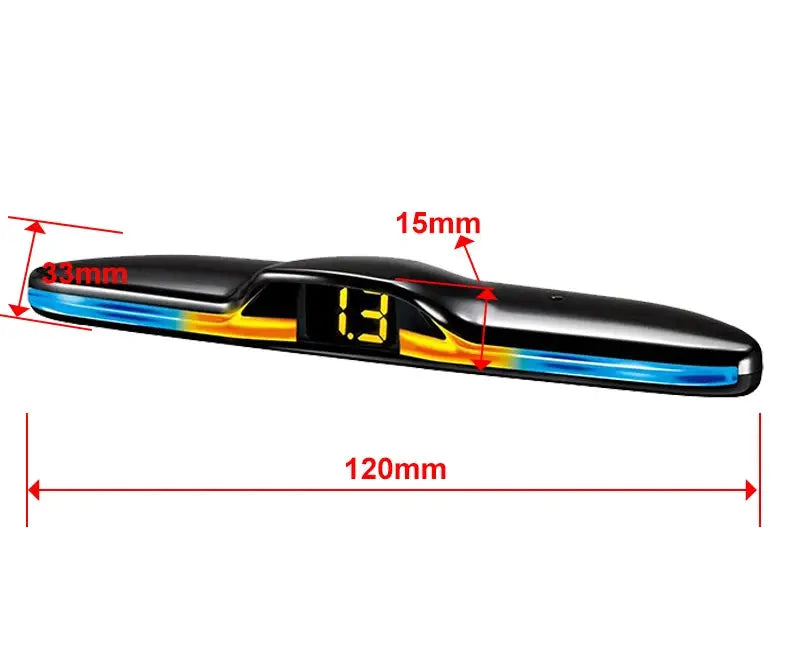 Black rearview mirror with mood-light strip and digital 1.3 display, blue-yellow accents, 120mm long