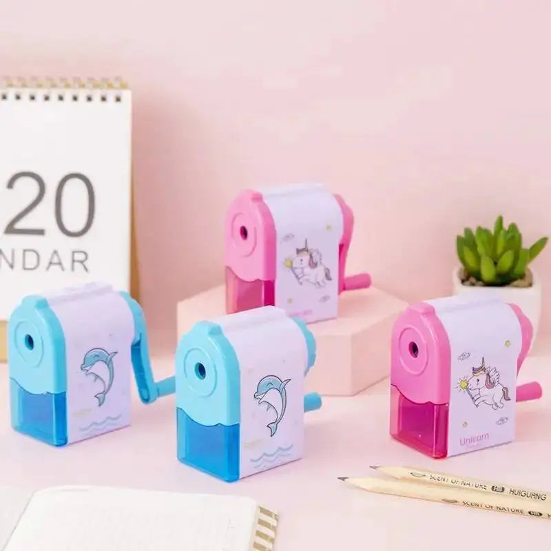 4-pack mechanical pencil sharpeners in pastel blue and pink with unicorn/dolphin designs