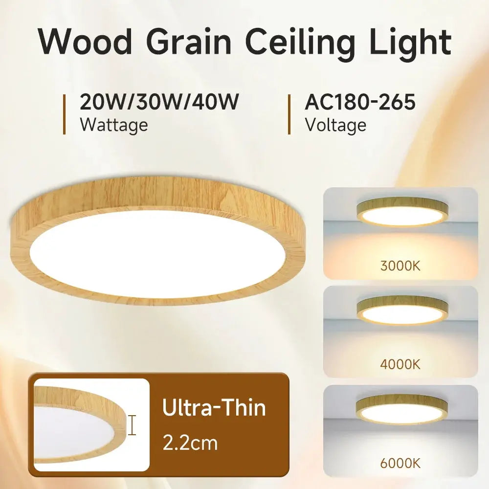 Simples Market wood grain ceiling light, ultra-thin circular LED panel, 20/30/40W, 220V, 3000K–6000K options