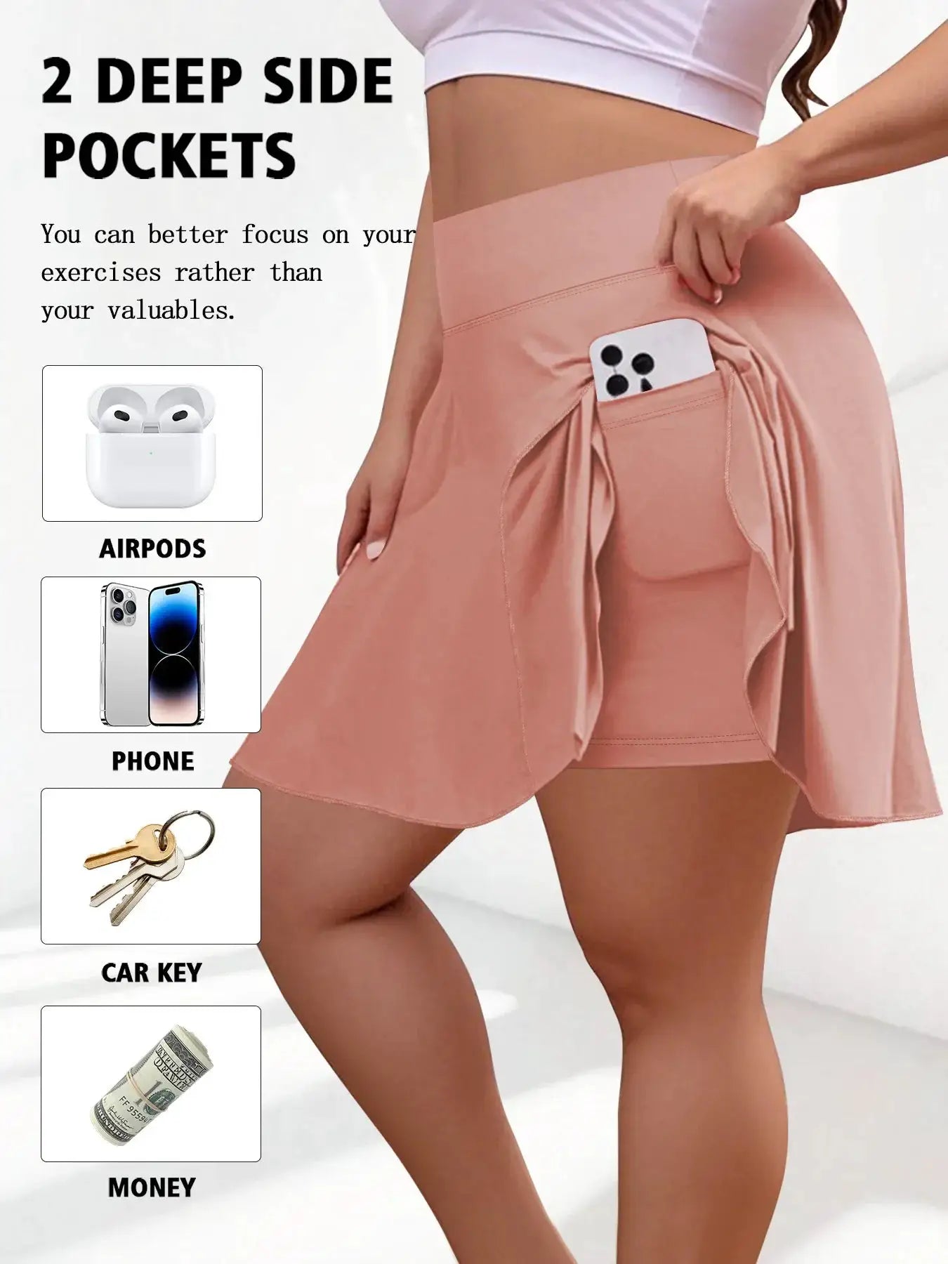 Plus-size pink high-waist fitness short skirt with deep side pockets for phone and keys, ideal for gym workouts