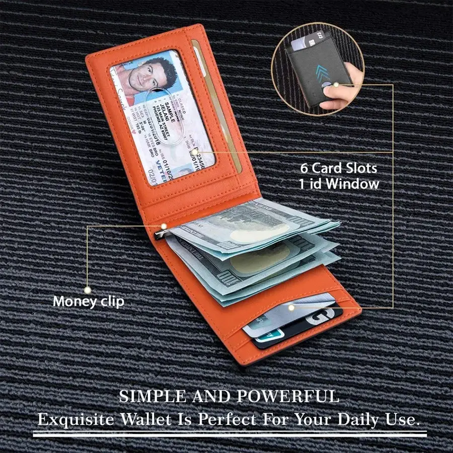 Simples Market orange synthetic leather slim smart wallet for men with 6 card slots, ID window and money clip.