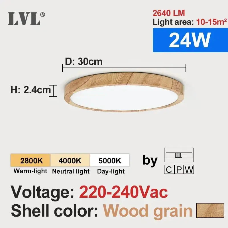 LVL LED round flush ceiling light with wood grain rim and white diffuser, 30cm dia, 24W, 220-240V, 2800K-5000K