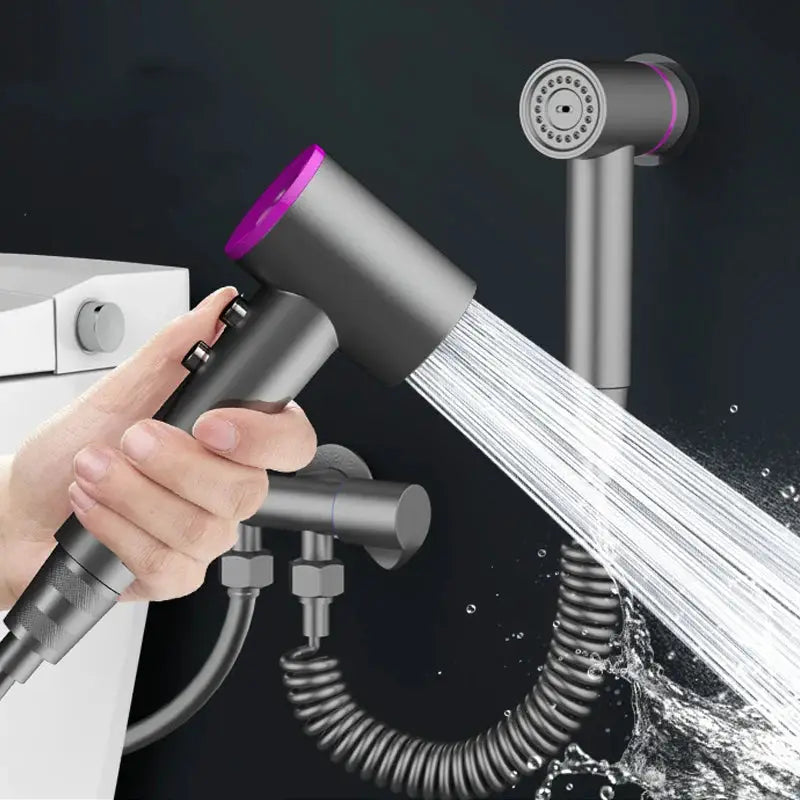 Simples Market handheld bidet sprayer with 2 modes, gray body with purple accents, wall-mounted hose