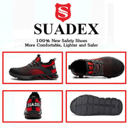 SUADEX safety shoes; black and red knit upper with rugged outsole, four-angle product views.