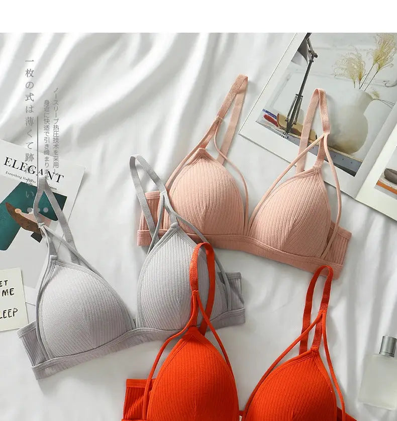 Women's wire-free triangle-cup bralette set in peach, gray, and orange (3-pack)