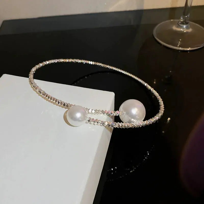 Zircon Double Layered Water Drop Heart Necklace Imitation Pearls Cross Wave Silver Tone Collarbone Pendant For Women