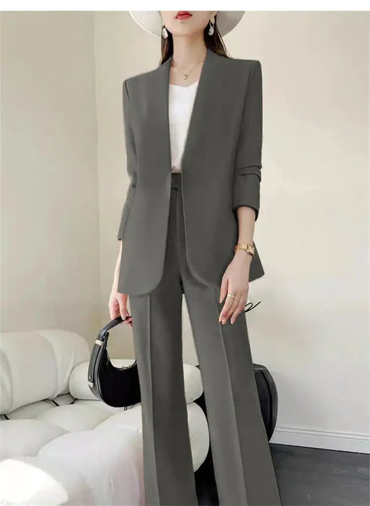 2-piece gray women's pantsuit with blazer and matching trousers