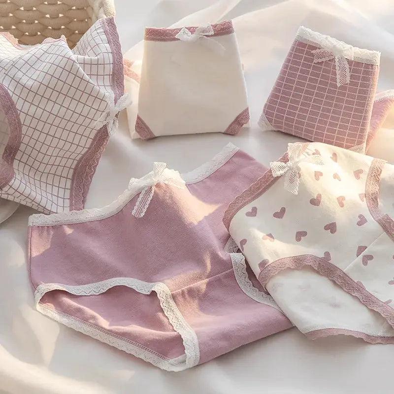 5-piece women's cotton panties set in pink and white with lace trim Simples Market