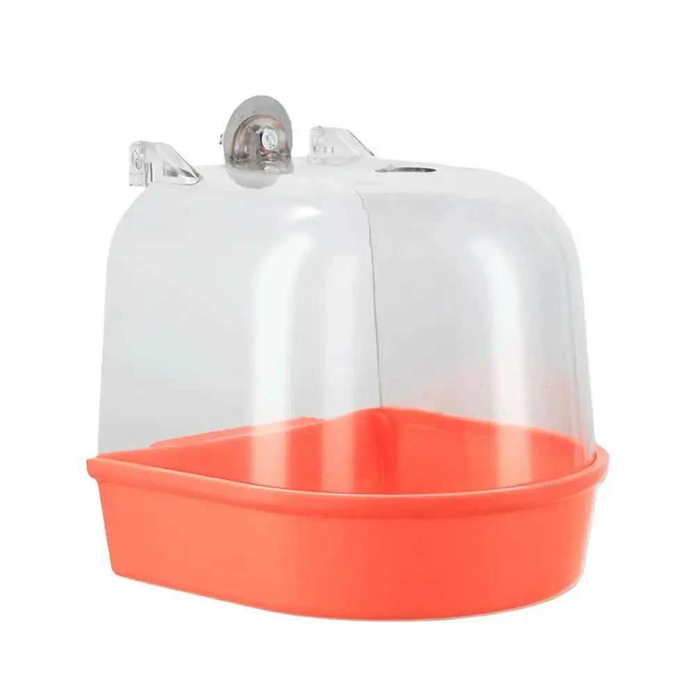 Simples Market hanging bird bath cube with orange tray and clear dome for small birds