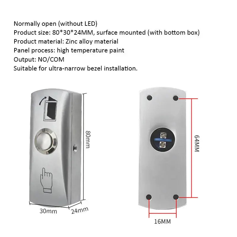 Door exit release button panel, Simples Market zinc alloy with push switch for door access control, 80×30×24mm.
