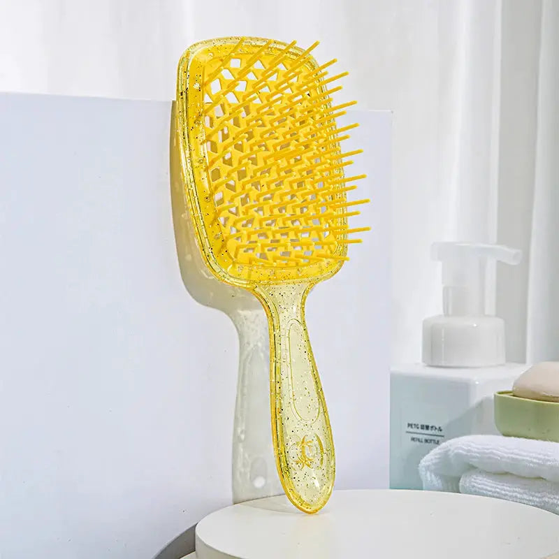 Detangling hair brush by Simples Market, yellow translucent hollow-out design for wet or curly hair