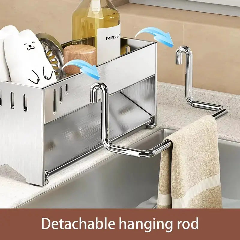 Kitchen stainless steel sponge rack with detachable hanging rods over the sink for towels and sponges