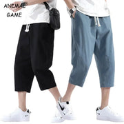 Men's summer casual linen shorts in black and blue with drawstring waist and lightweight straight fit.