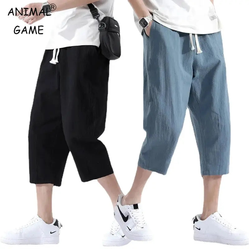 Men's summer casual linen shorts in black and blue with drawstring waist and lightweight straight fit.