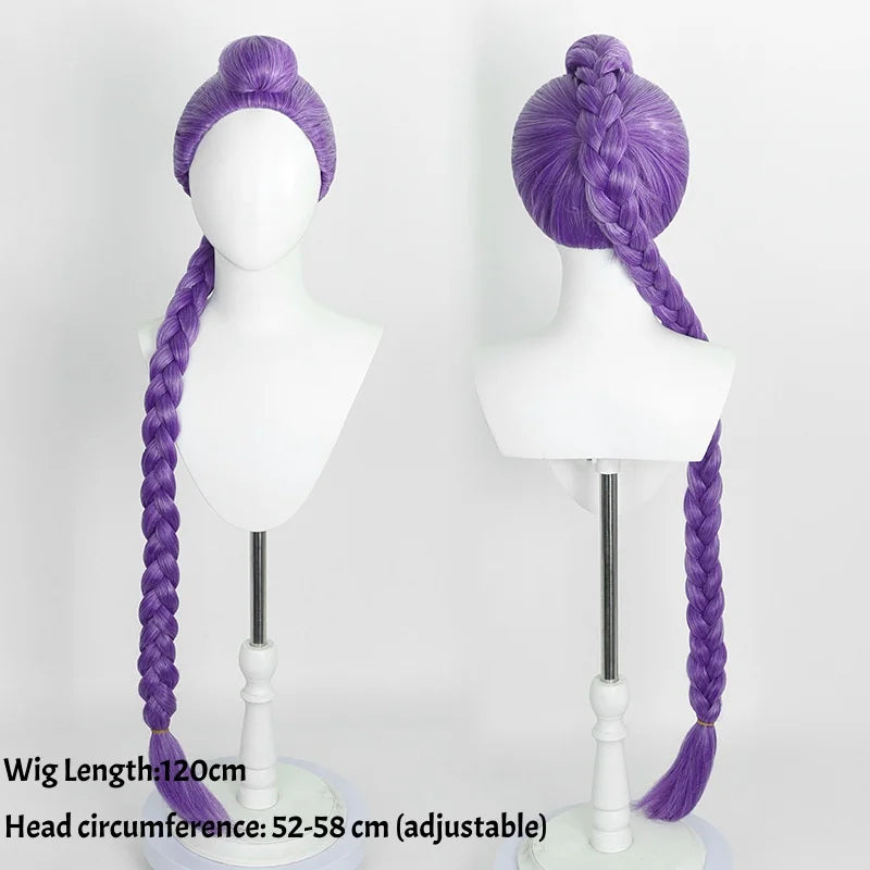 Simples Market purple long braided cosplay wig with top bun, heat‑resistant synthetic, 120cm