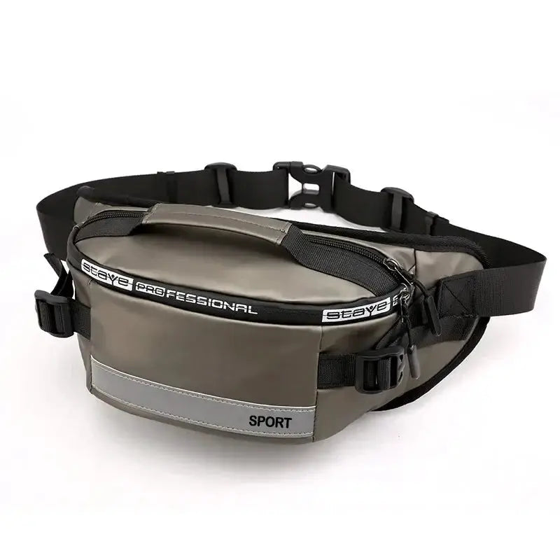 Waist bag in gray nylon anti-theft with multiple pockets and adjustable belt.