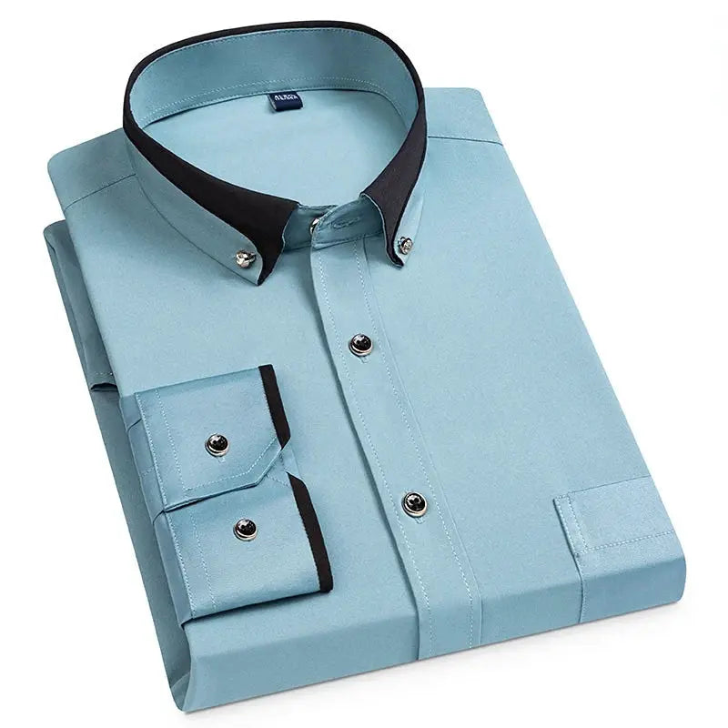 Men's light-blue dress shirt with black contrast collar and cuffs, button-down with chest pocket.