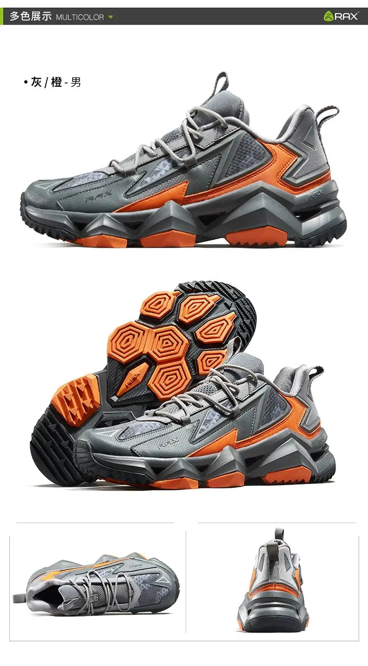 RAX men's waterproof hiking shoes, grey with orange accents, rugged outsole