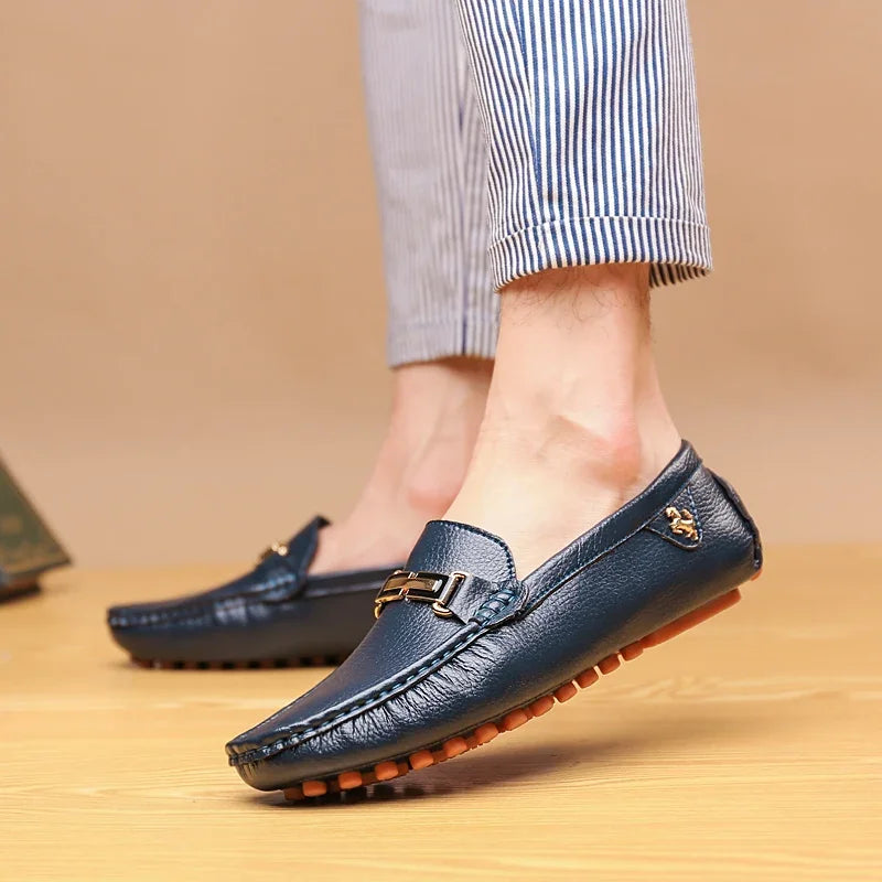 YRZL men's PU leather loafer with gold buckle, navy driving moccasins by Simples Market