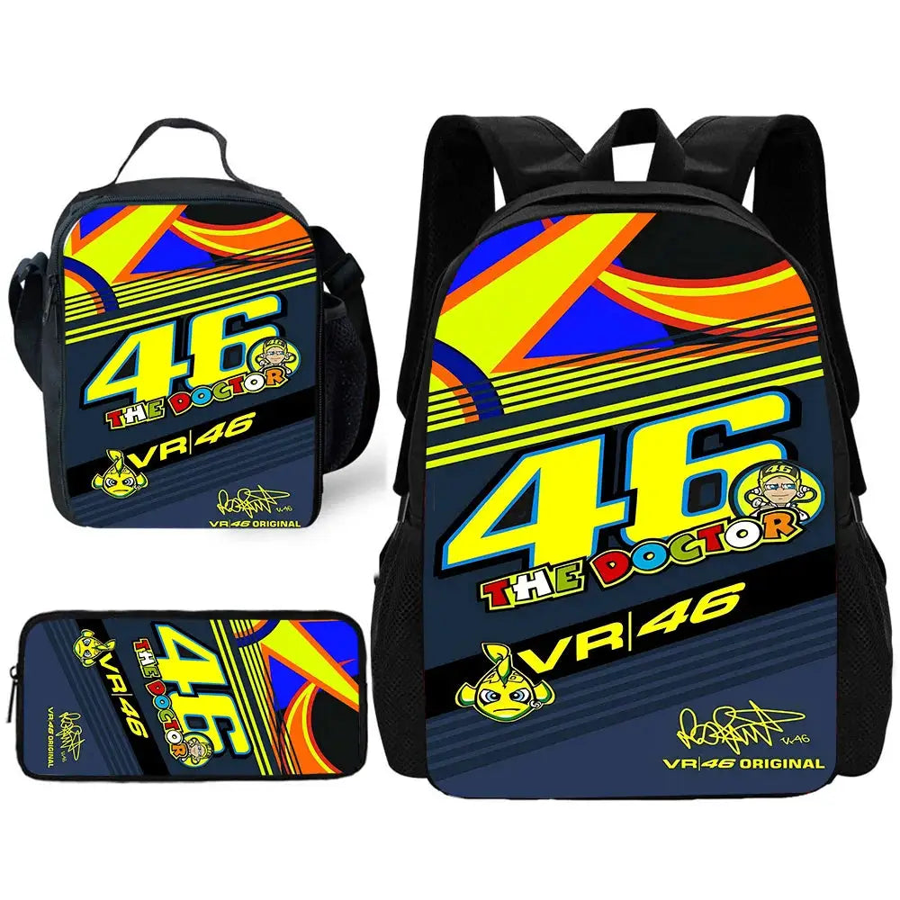 Simples Market 3-piece VR46 kids backpack set with lunch bag and pencil case in blue and black racing graphics
