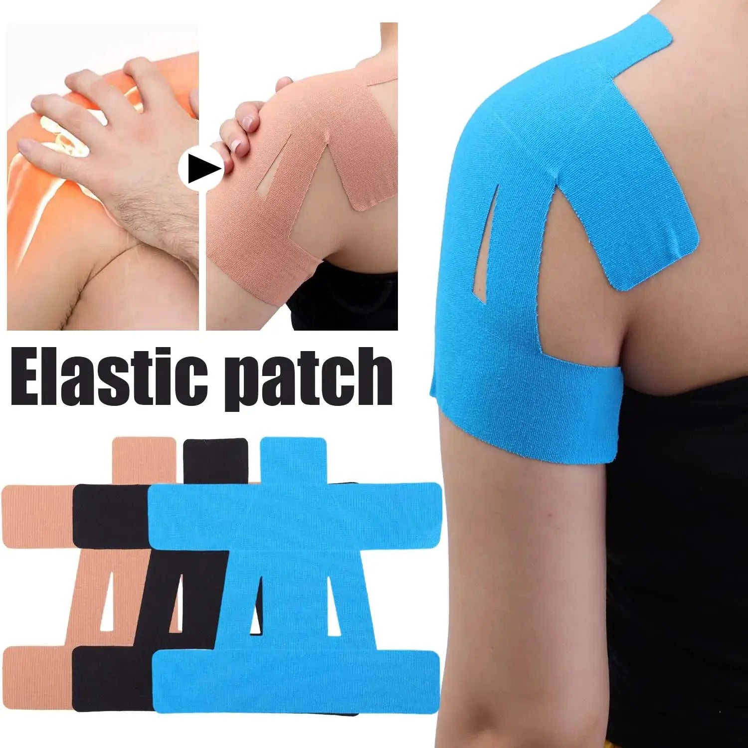 Simples Market shoulder kinesiology tape precut patches; waterproof, breathable elastic tape in blue for pain support