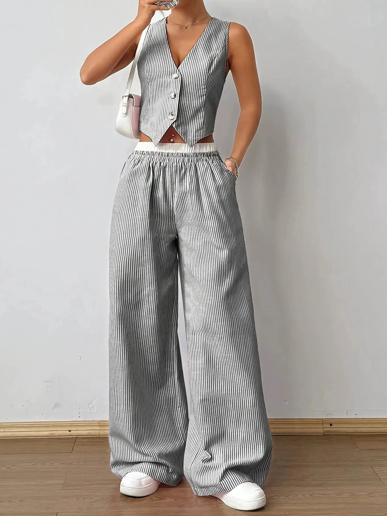 2025 Striped Sleeveless V Neck Vest and Color Wide Leg Pants Set