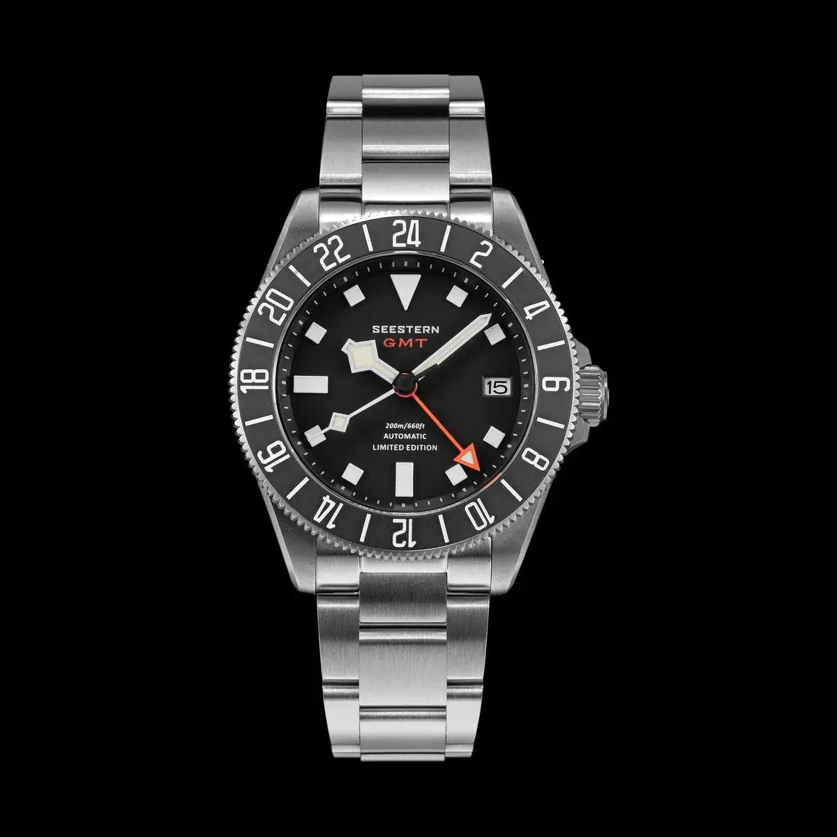 Seestern Diver Man watch with stainless steel bracelet, black dial, GMT arrow, sapphire crystal, 200m water resistant