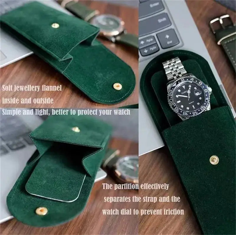 Embers watch bag in green flannelette with snap button closure; portable travel watch case.