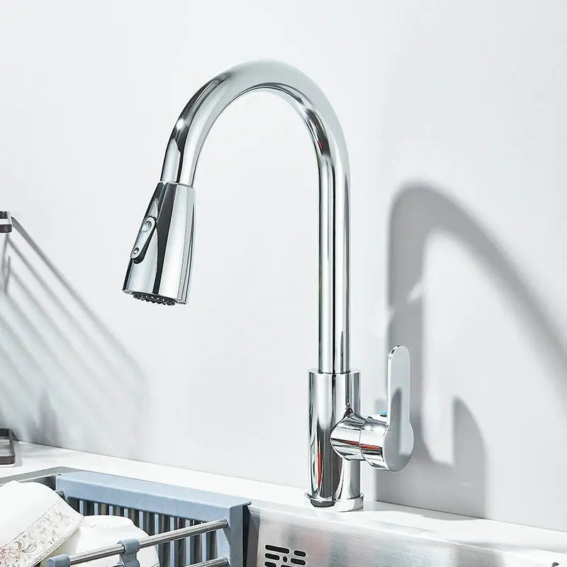 Chrome pull-out kitchen faucet with high-arc neck and side lever