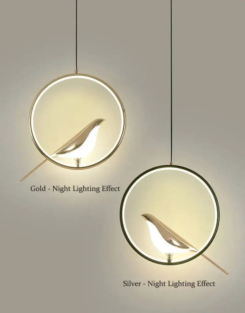 Rotatable magpie bird LED pendant lights; circular gold and silver hanging fixtures (2-pack)