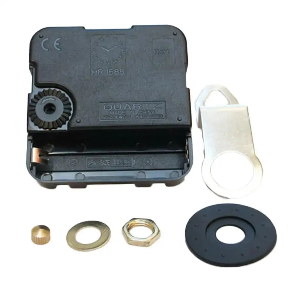 Clock mechanism black plastic housing with silent quartz movement and gear, plus mounting ring and hardware for DIY clock repair