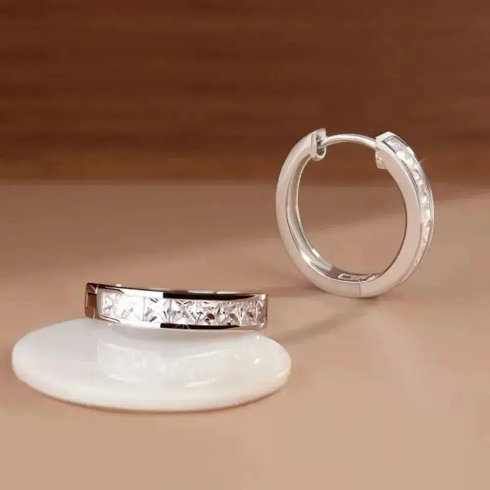Huitan Classic Design Women Hoop Earrings With Princess Square CZ Zircon Silver Gold Plated Elegant Jewelry