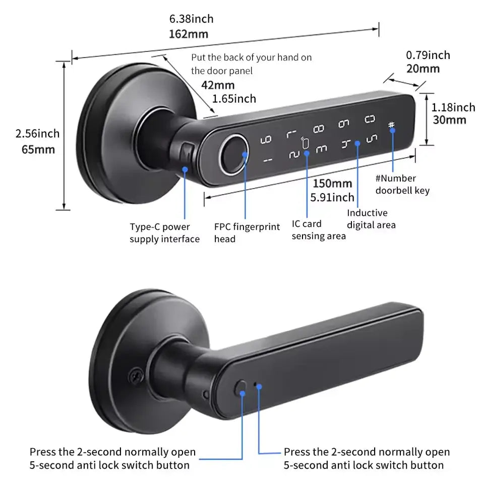Simples Market smart door lock with Tuya app; black fingerprint keypad, NFC/IC card, for wooden doors (IP65)