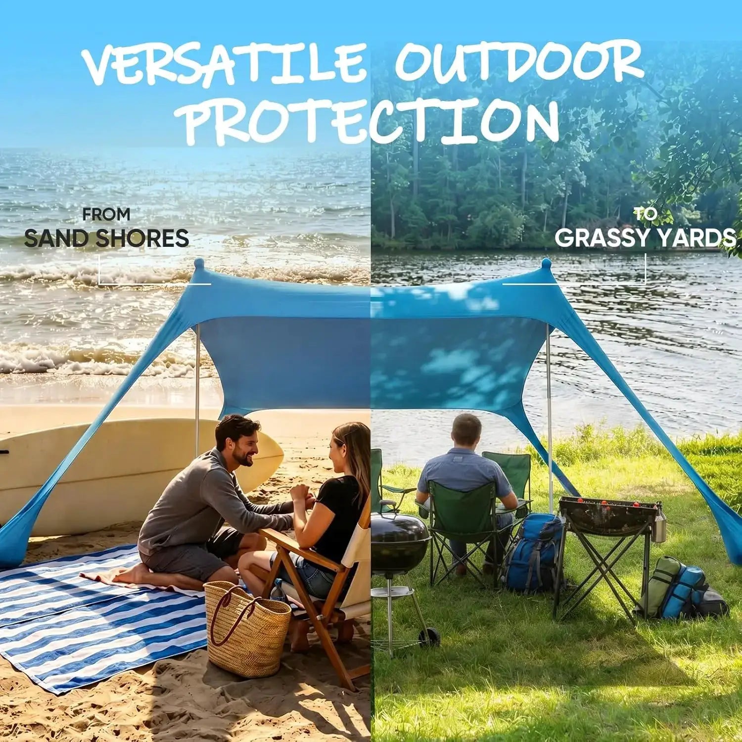 Camping windproof pop-up beach canopy tent by Simples Market, blue ultralight shade for outdoor use.