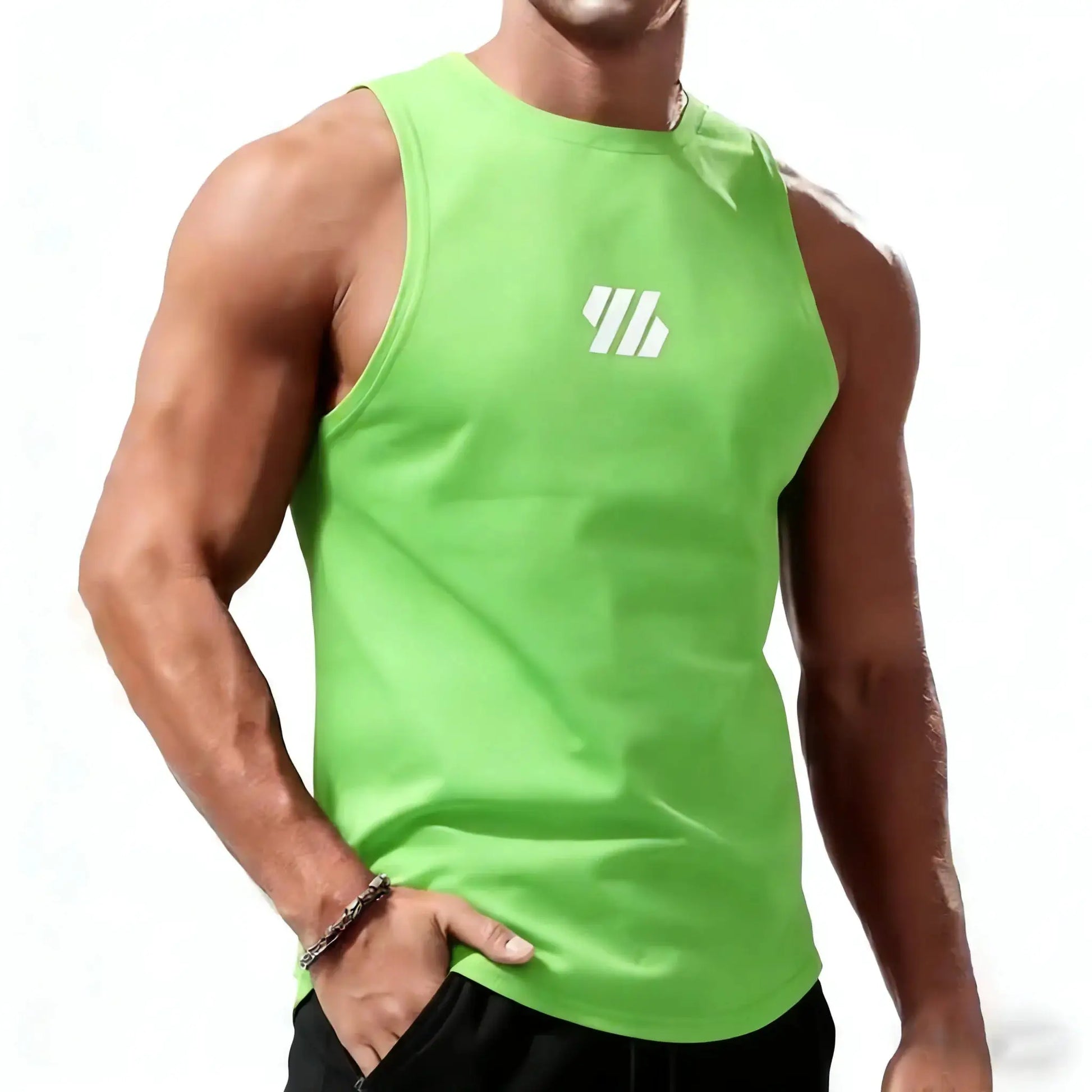Simples Market men's neon green quick-dry sport vest, sleeveless training tank with white logo.