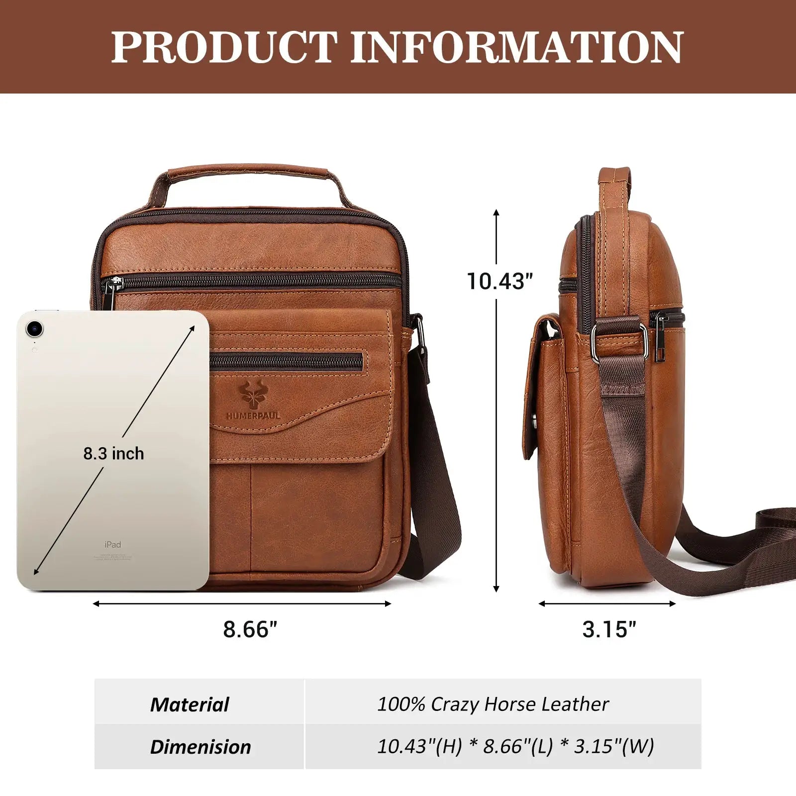 HUMERPAUL genuine leather small messenger bag for men with crossbody strap, Simples Market, brown