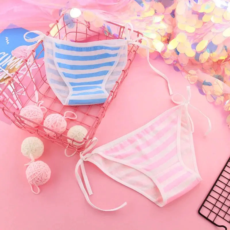 Two striped cotton panties for women, blue-white and pink-white, kawaii lingerie briefs