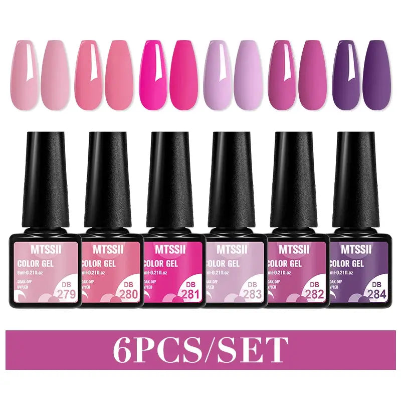 Gel nail polish set, MTSSII; 6-piece color gel in pink to purple shades