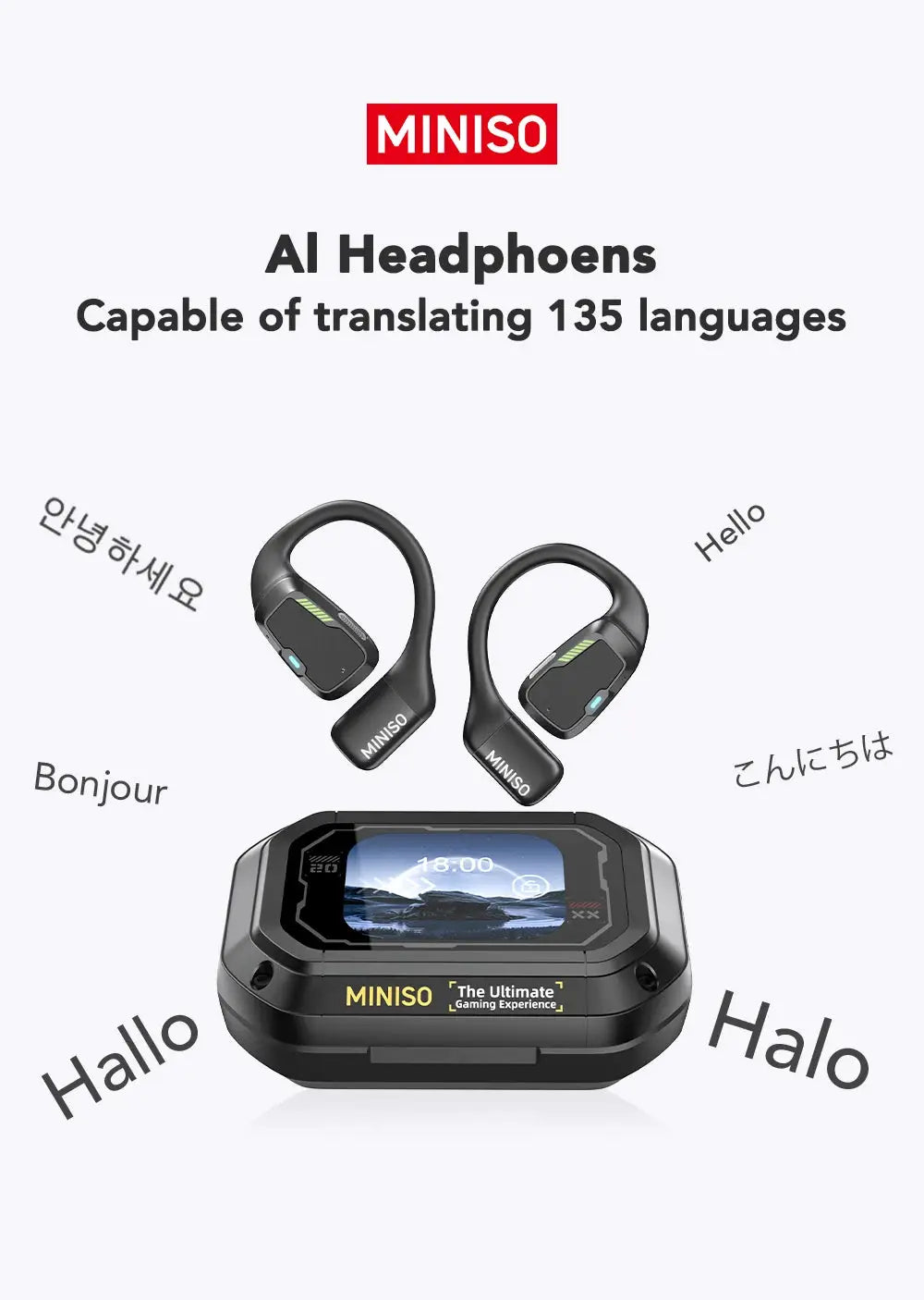 MINISO AI wireless earbuds (2) in black sport design beside a MINISO handheld LCD gaming device.