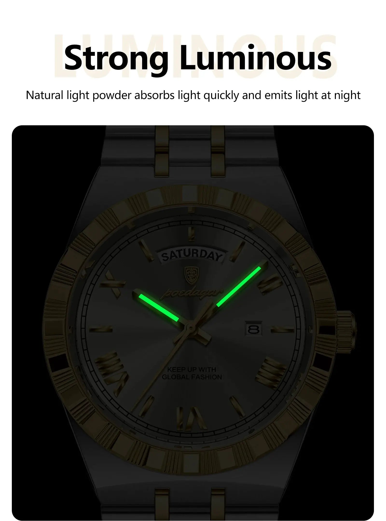 POEDAGAR men's luxury wristwatch with luminous green hands, date window, gold bezel, stainless steel bracelet