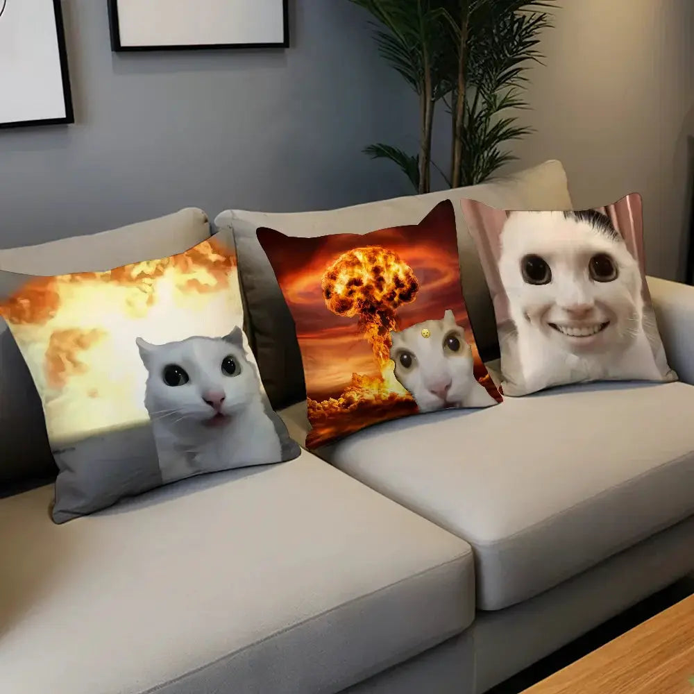 Cushion cover set with cat-face prints on a gray sofa, 3 decorative pillowcases