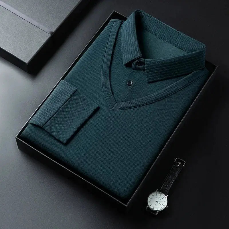 Men's long-sleeve solid teal polo shirt in a black gift box