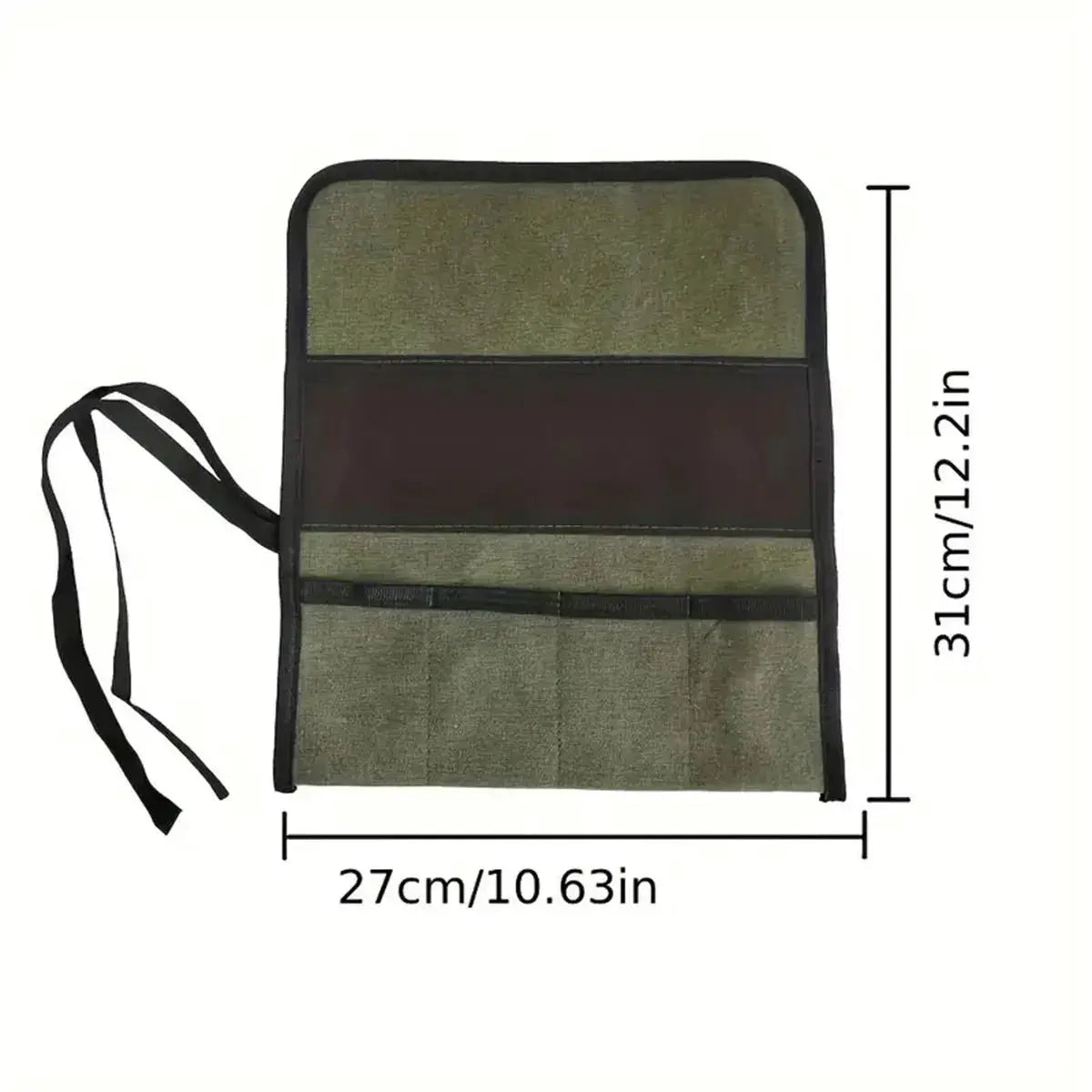 Multi-pocket roll-up tool bag in olive Oxford cloth with hanging strap; 27x31 cm