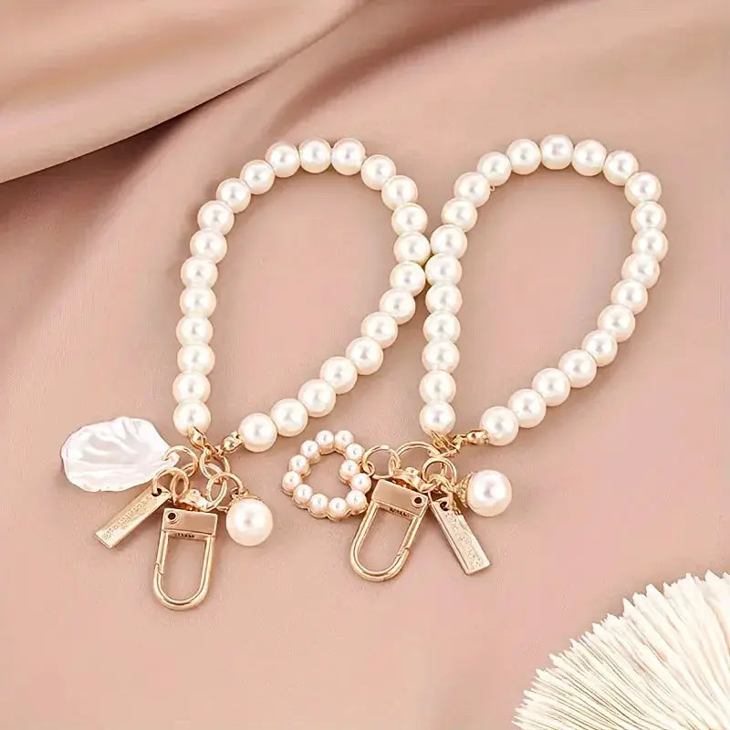 Cute Pearl Keychain For Women And Girls Shiny Pearl Bead Shell Phone Bag Backpack Charm Accessory Car Key Chain Pendant