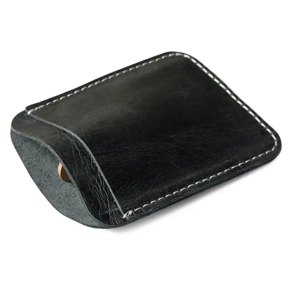 Simples Market men's black leather money clip wallet with metal cash clamp and white stitching
