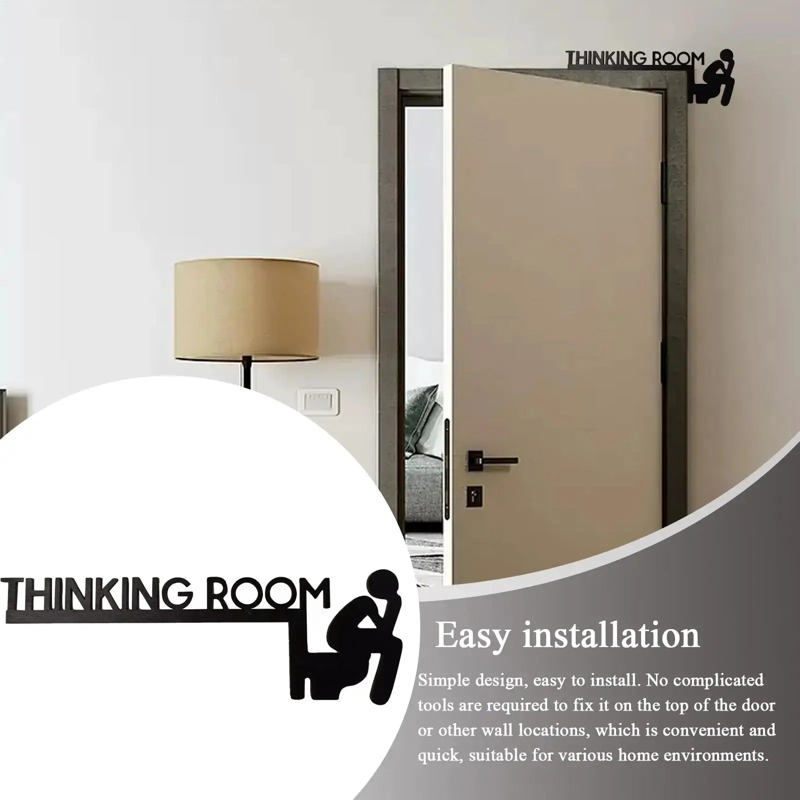 Thinking Room wooden door topper sign by Simples Market; bathroom door decor with black logo