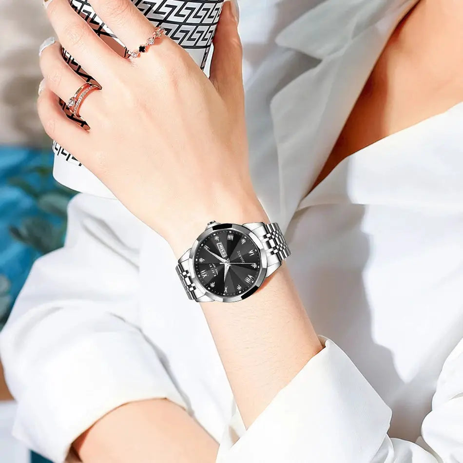 LIGE stainless steel waterproof wristwatch for women with black dial, date window, and silver bracelet